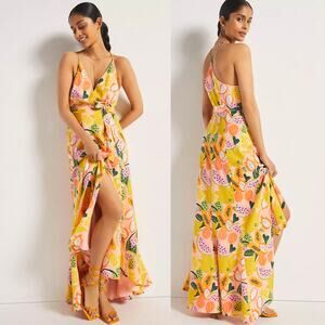 Hutch Anthropologie Maxi Dress High Low Wrap Fruit Print Yellow Pink Orange XS